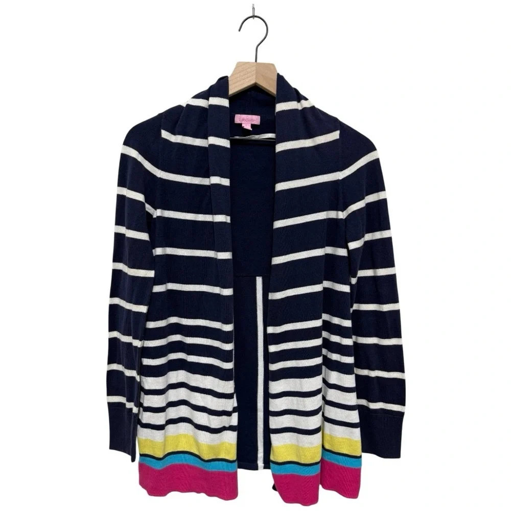 Lilly Pulitzer Stripe Open Cardigan Style‎ 33619 Size L Cotton Colorblock Hem